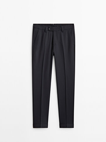 Blue check texture wool suit trousers