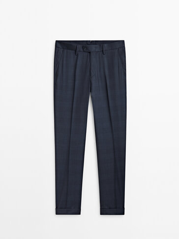 Navy blue check wool suit trousers