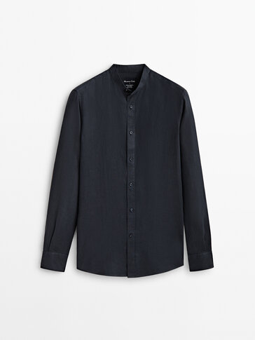 100% linen slim fit shirt with stand-up collar