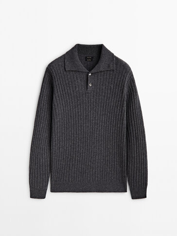 Ribbed knit sweater with mock neck and buttons