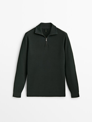 Textured mock neck sweater with zip