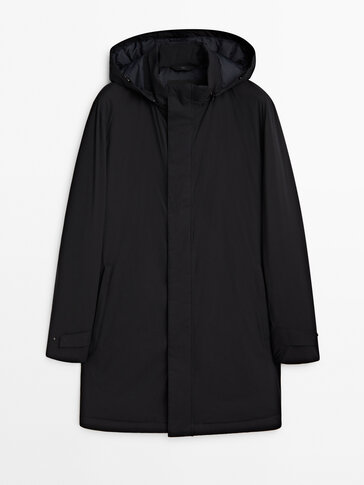 Hooded parka with down and feather filling