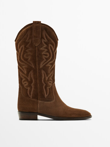 Split suede embroidered cowboy boots