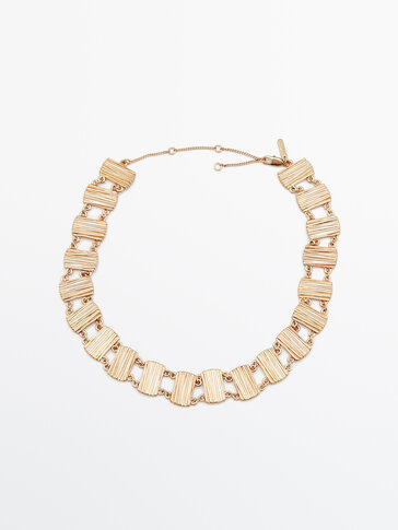 Gold-plated textured chain link choker necklace