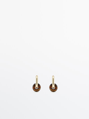 Gold-plated earrings with brown stone