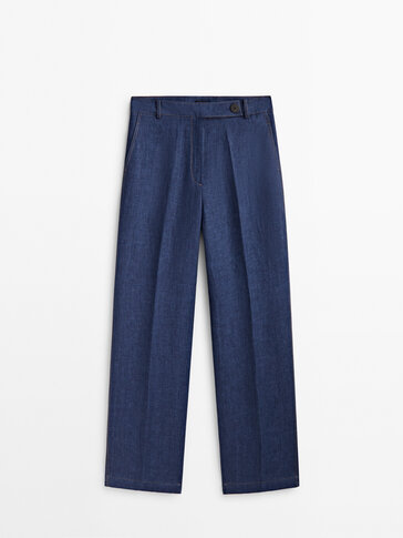 Wide-leg linen suit trousers with topstitching