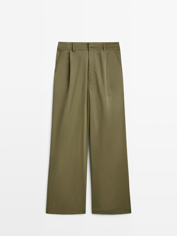 Cotton blend darted wide-leg trousers