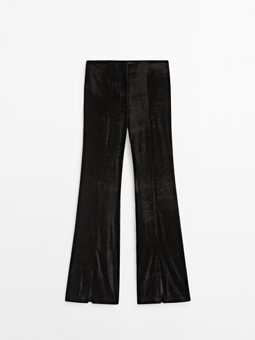 Straight velvet trousers with split hems