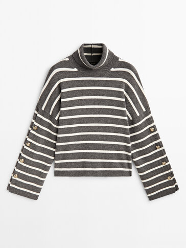 Striped high neck sweater with button detail