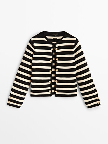 Striped knit cardigan with double buttons