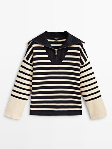 Sweater with contrast stripes and zip collar