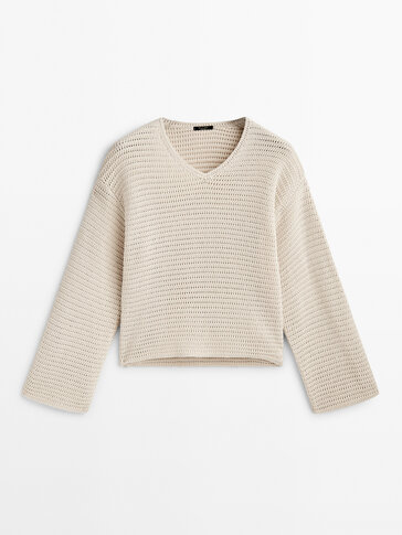 V-neck crochet knit sweater