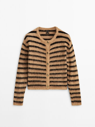 Striped knit cardigan with combed thread