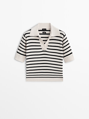 Striped cable-knit polo sweater
