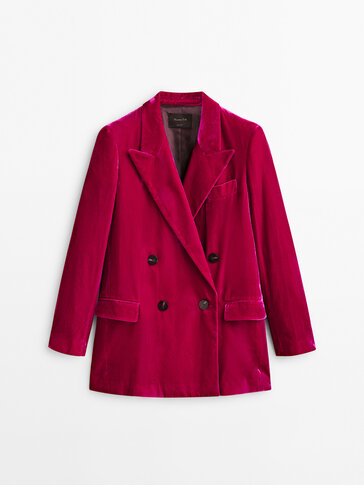 紫红色天鹅绒双排扣西装外套