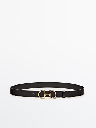 Black leather belt with double buckle
