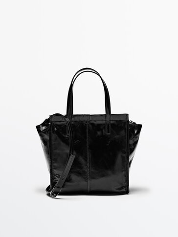 Mini leather tote bag with a crackled finish