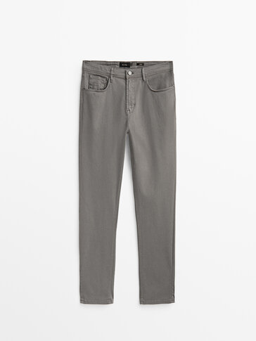 Tapered fit cotton blend denim-effect trousers