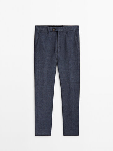Faded houndstooth linen suit trousers