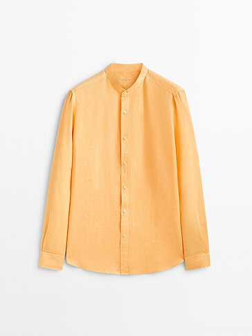 100% linen slim fit shirt with stand-up collar