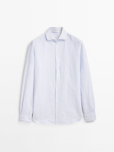 Slim fit striped cotton and linen blend shirt