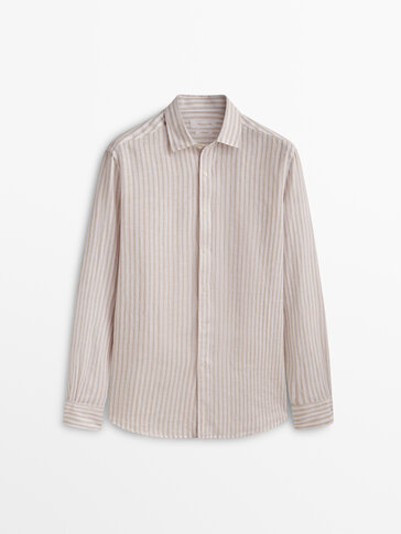 Slim-fit striped cotton and linen blend shirt