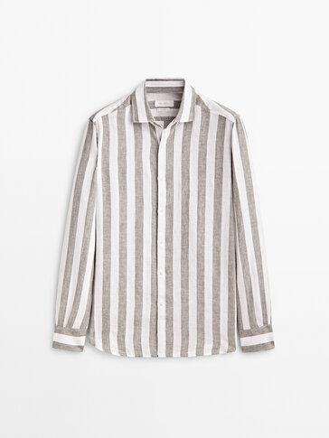 Regular-fit wide-striped 100% linen shirt