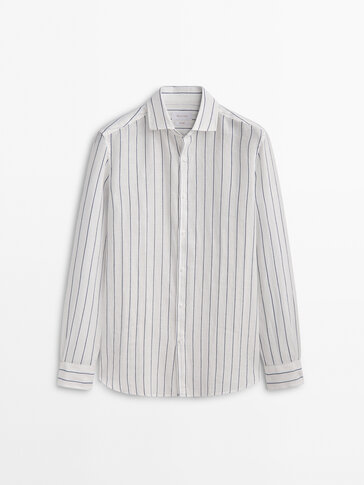 Regular fit striped cotton and linen blend shirt