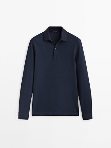 Textured cotton long sleeve polo shirt