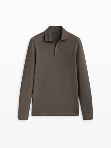 Textured cotton long sleeve polo shirt
