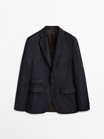 Navy blue check wool suit blazer
