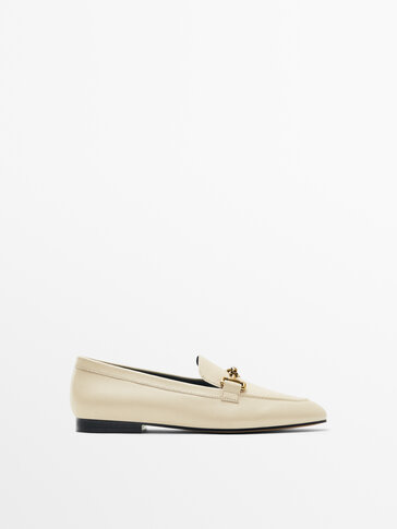 Ecru leather loafers with buckle