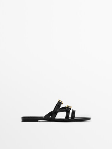 Leather strappy flat slider sandals