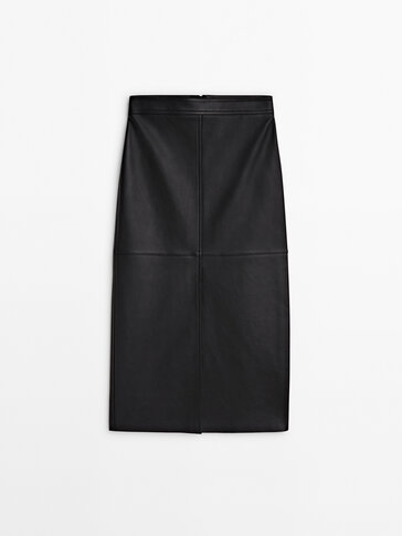 Black nappa leather midi skirt with slit