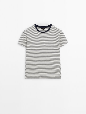 Striped cotton T-shirt with contrast neckline