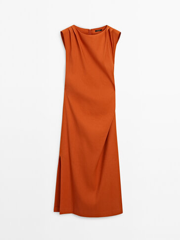 Linen blend stretch dress with pleated detail