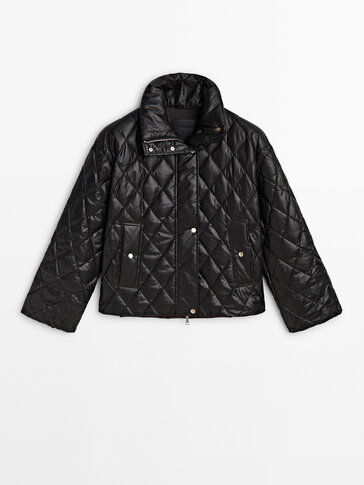 Diamond-pattern high neck jacket with down and feather padding