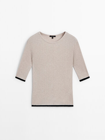 Ribbed cotton T-shirt with contrast detail