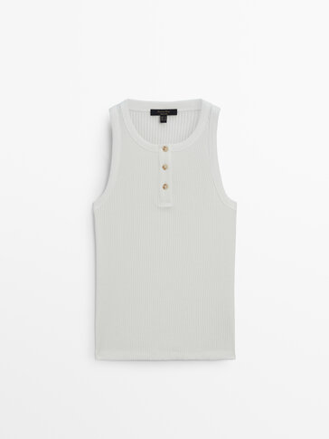 Sleeveless ribbed top with a Henley collar