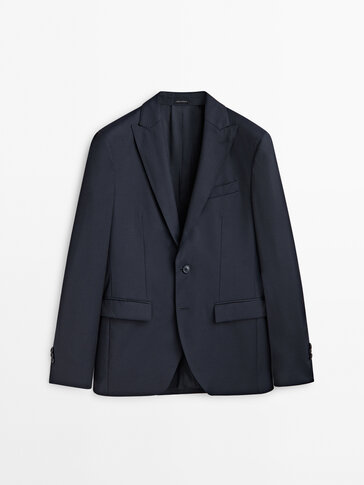 Plain blue wool blend suit blazer