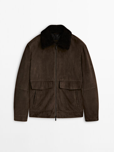 Goatskin suede leather aviator jacket with hair-on collar detail