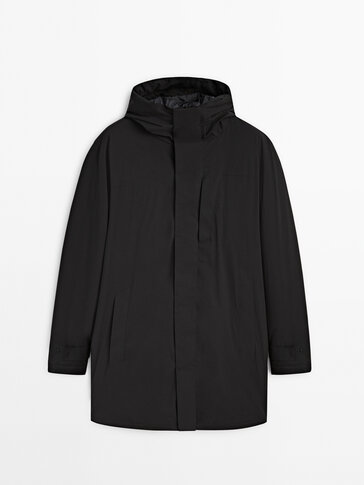 Hooded black parka with down and feather padding