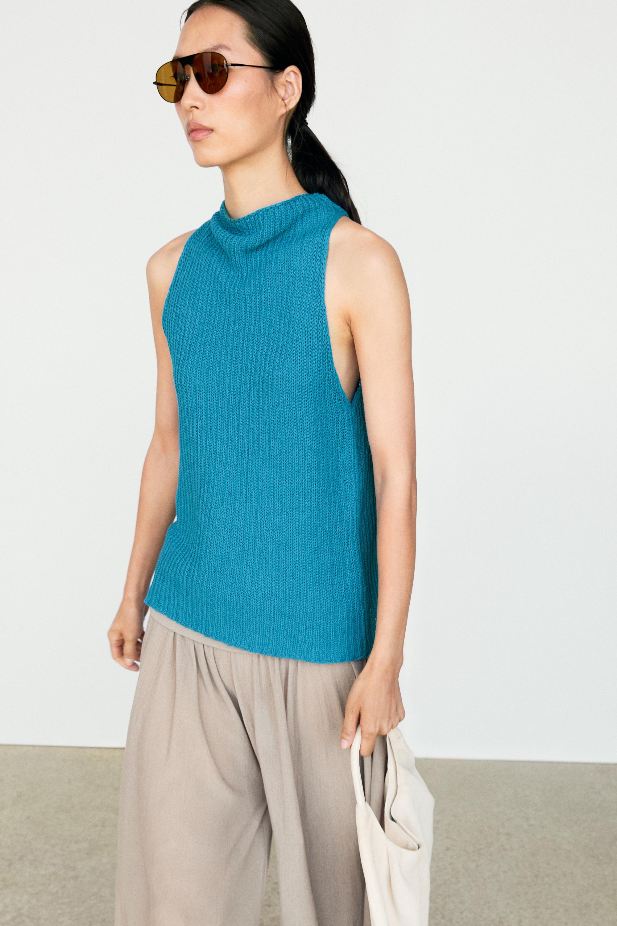 Linen blend knit button-detail top