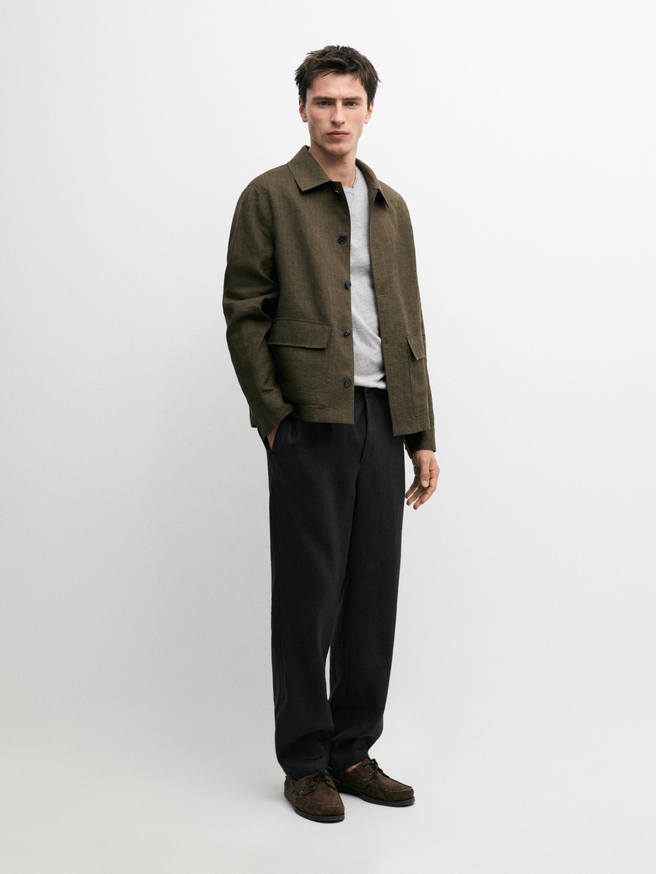 100% linen overshirt with pockets and striped detail