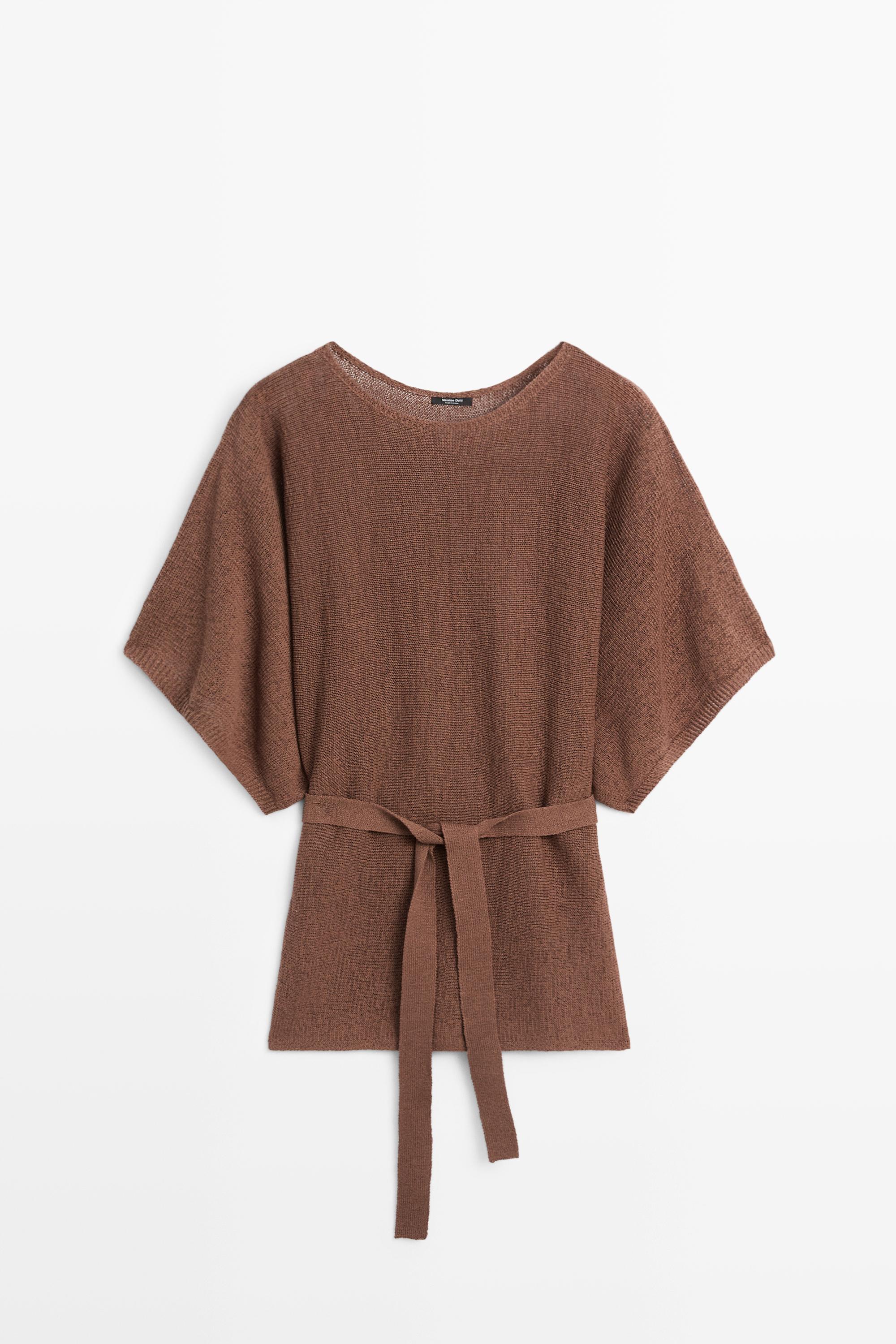 Cotton blend knit sweater with belt