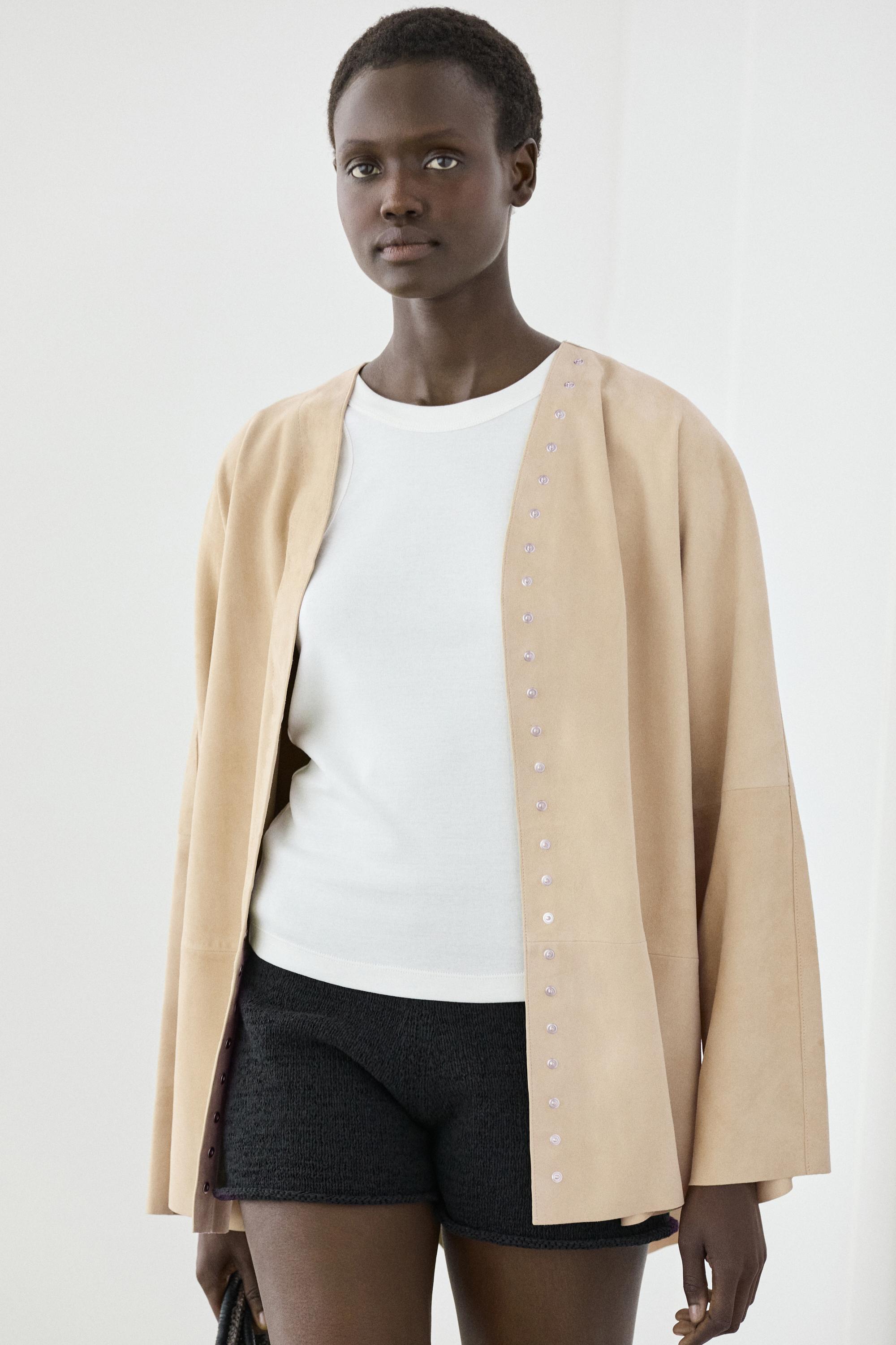 Suede leather shirt with snap button detail