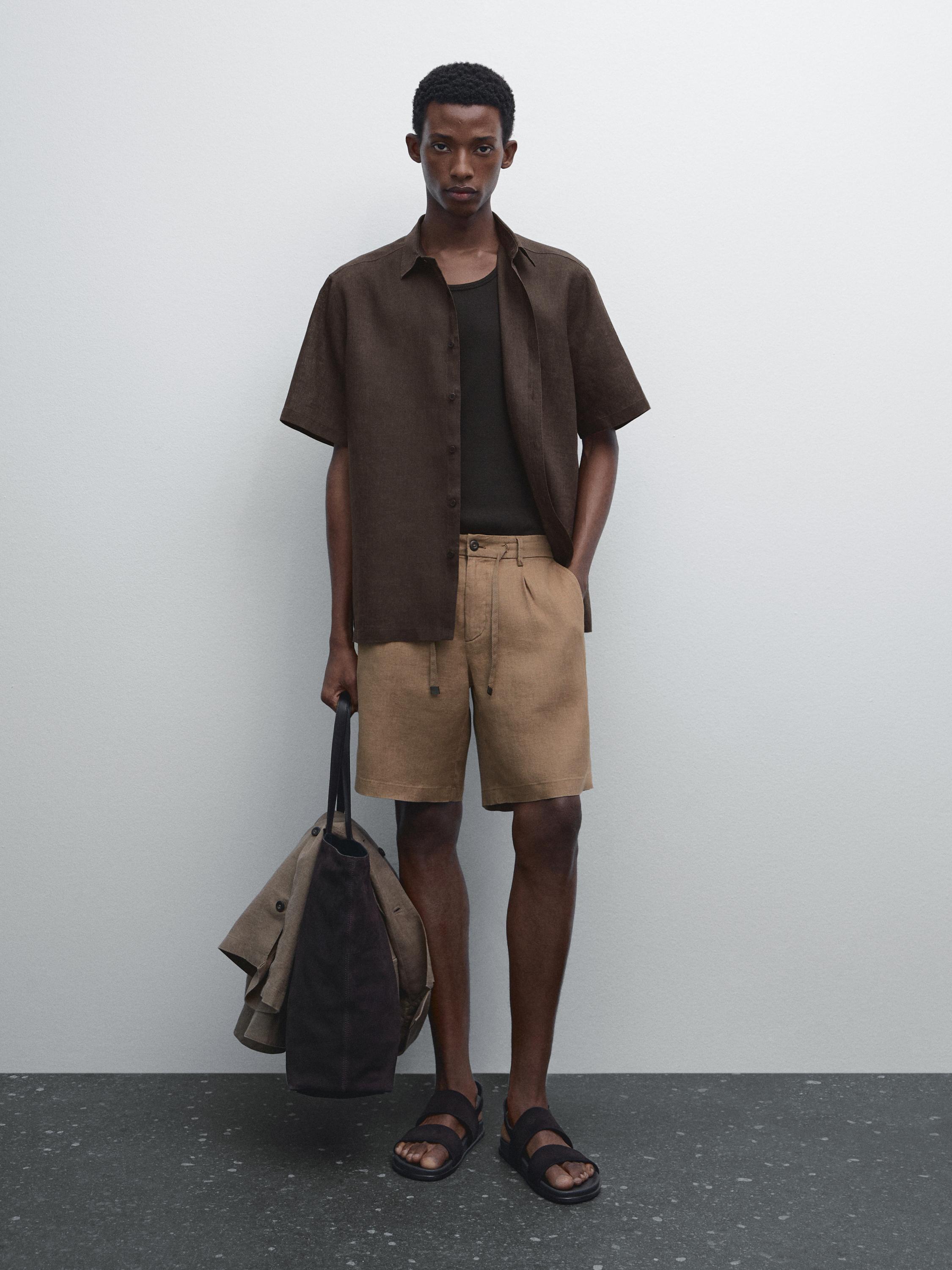 100% linen semi-jogger fit Bermuda shorts