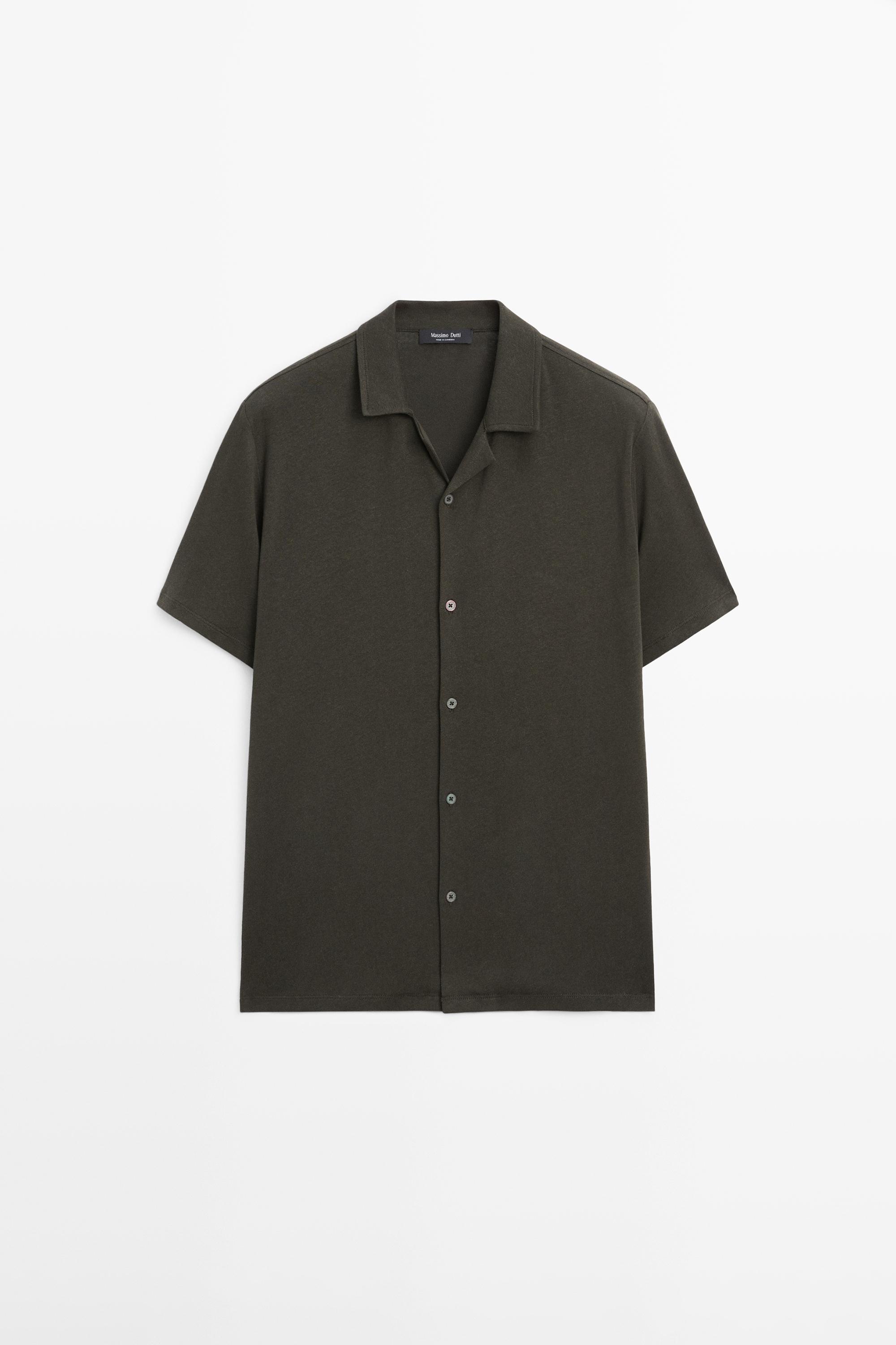 Regular fit short sleeve linen-cotton blend shirt