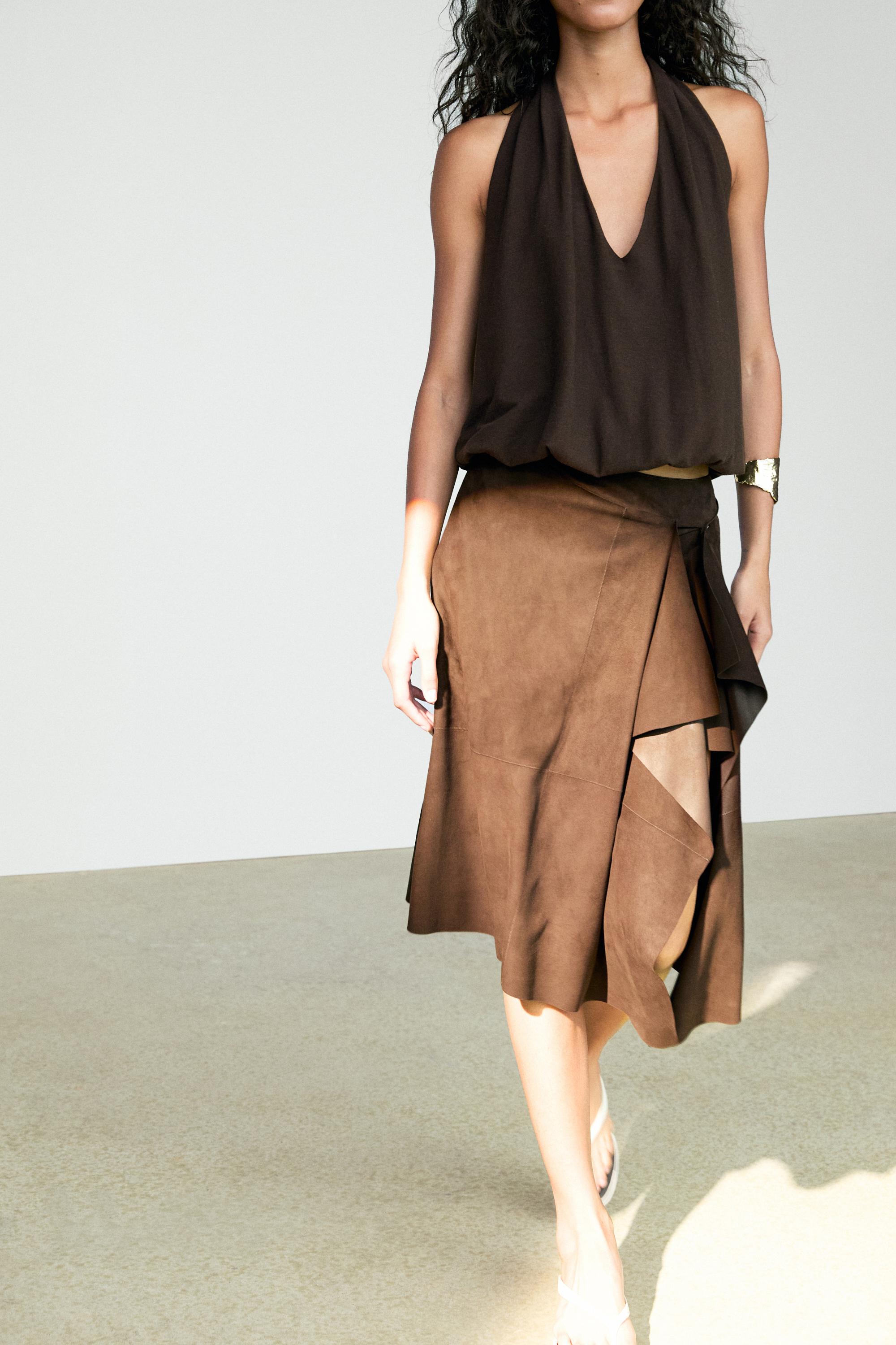 Suede leather midi skirt with ruffle detail
