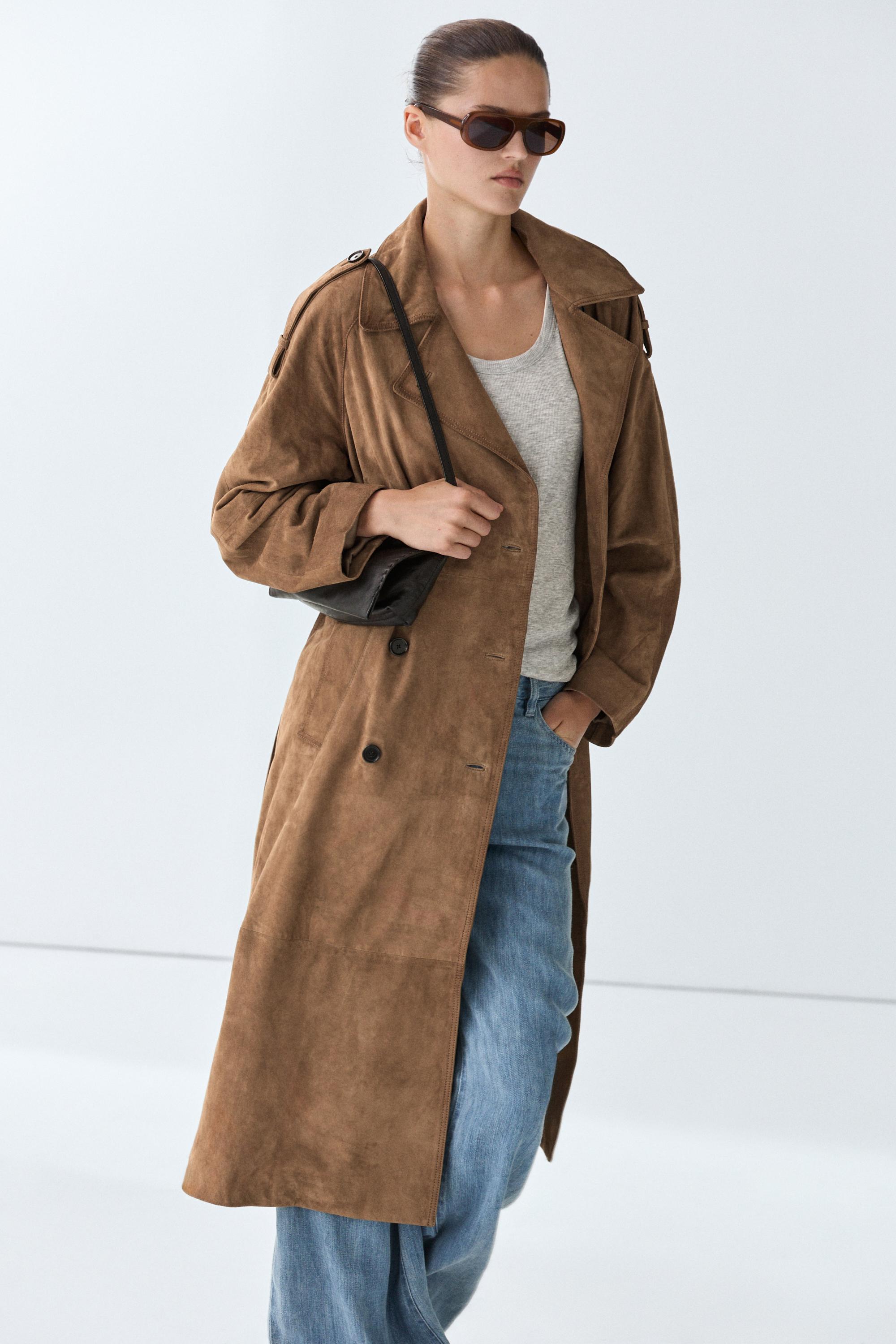 Long suede leather trench coat